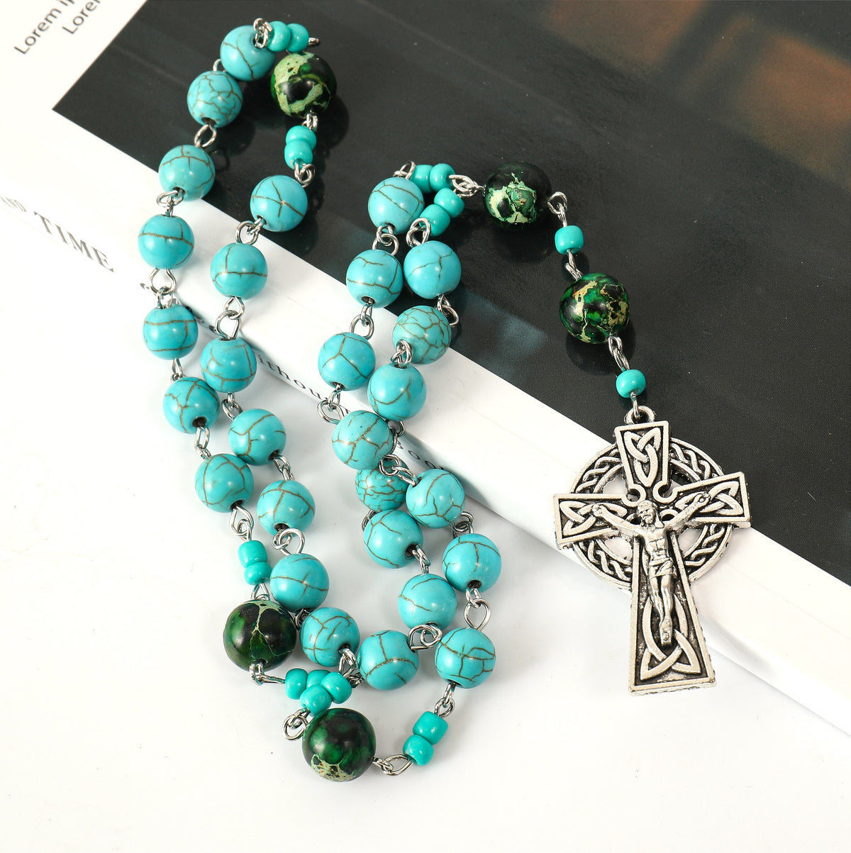Turquoise Gemstone Beads Rosary Metal Beaded Prayer Rosary Celtic Cross Crucifix - Nazareth Store