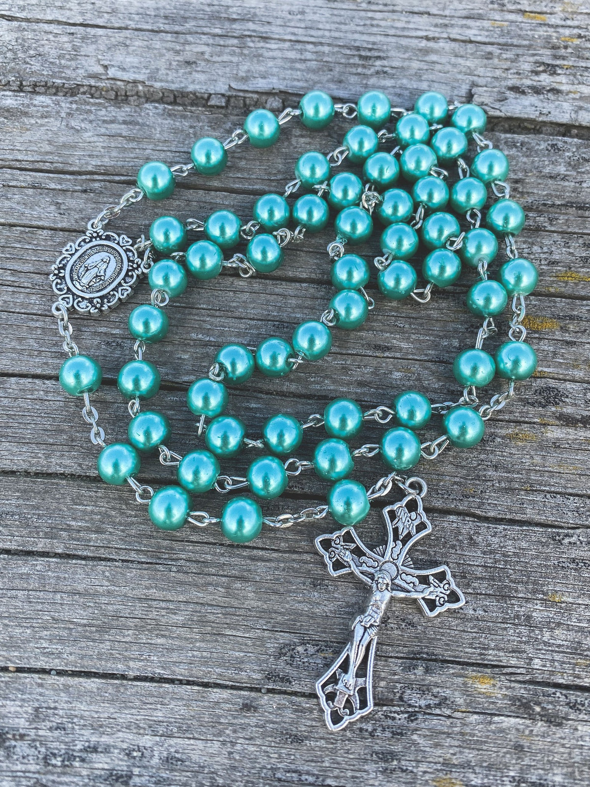 Turquoise Marble Pearl Beads Rosary with Miraculous Medal & Cross - Velvet Bag - Nazareth Store