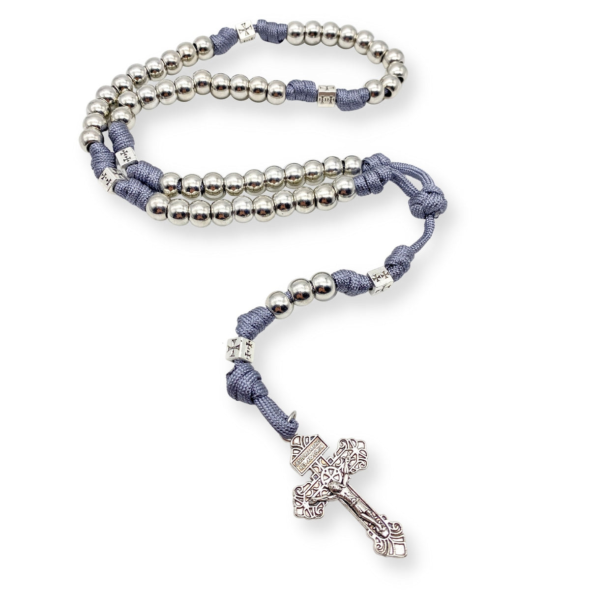 Stainless Steel Silver Rosary Necklace Paracord Rugged Beads with Pardon Cross - Nazareth Store