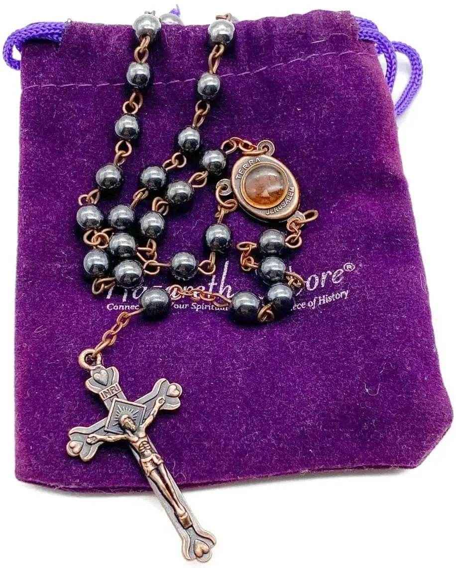 Black Hematite Rosary Stone Beads Handmade Chaplet Holy Soil Medal & Cross - Nazareth Store