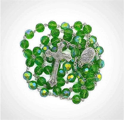 Handmade Green Crystal Rosary Necklace with Holy Mary Medal & Crucifix Cross- Nazareth Store