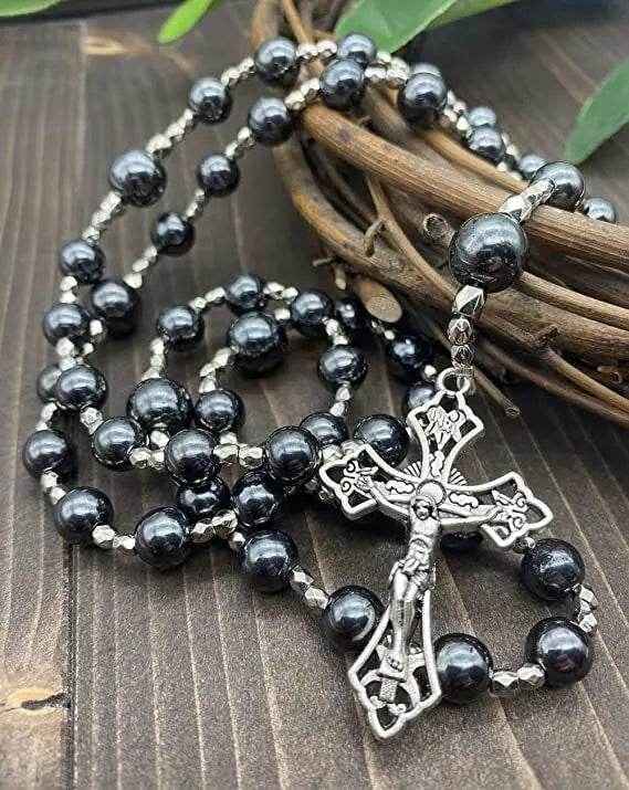 Hematite Rosary Necklace Black Stone Beads Catholic Chaplet Holy Soil Medal & Cross