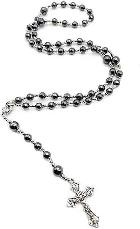 Hematite Rosary Necklace Black Stone Beads Catholic Chaplet Holy Soil Medal & Cross