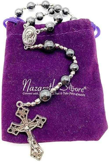 Hematite Rosary Necklace Black Stone Beads Catholic Chaplet Holy Soil Medal & Cross