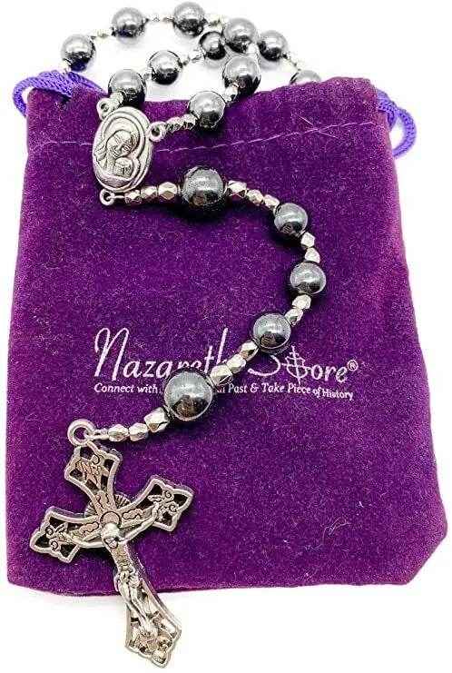 Hematite Rosary Necklace Black Stone Beads Catholic Chaplet Holy Soil Medal & Cross