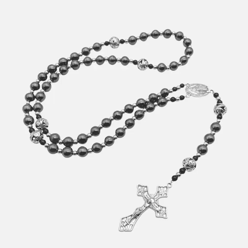 Hematite Rosary Necklace Handmade Chaplet  with Metal Glory Beads & Miraculous Medal Nazareth Store