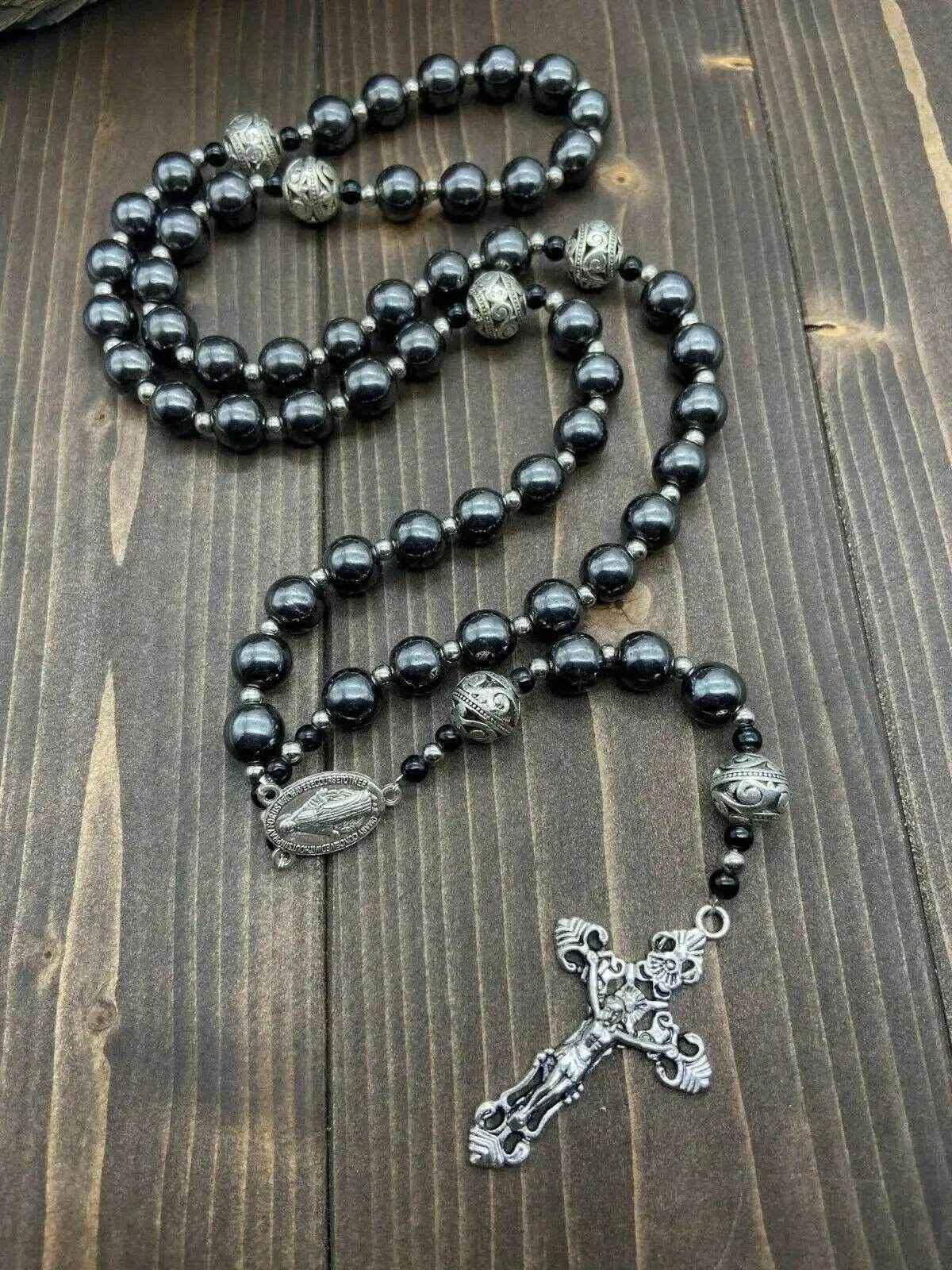 Hematite Black Stone Rosary Necklace Metal Beads with Miraculous Medal & Cross Crucifix - Nazareth Store