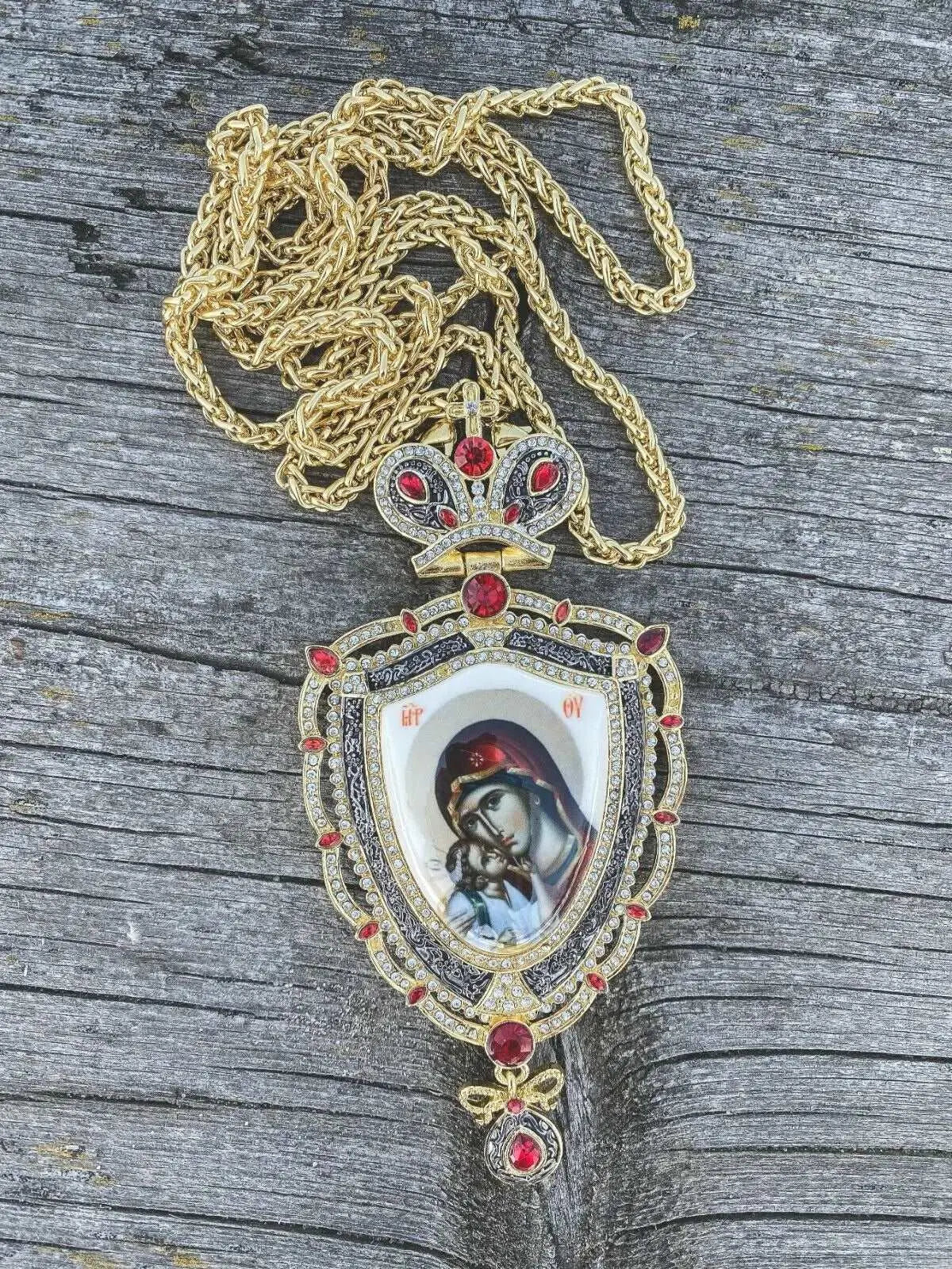 Holy Mary Pectoral Cross Red Crystals Priest Bishop Pendant Mary & Baby Jesus Nazareth Store