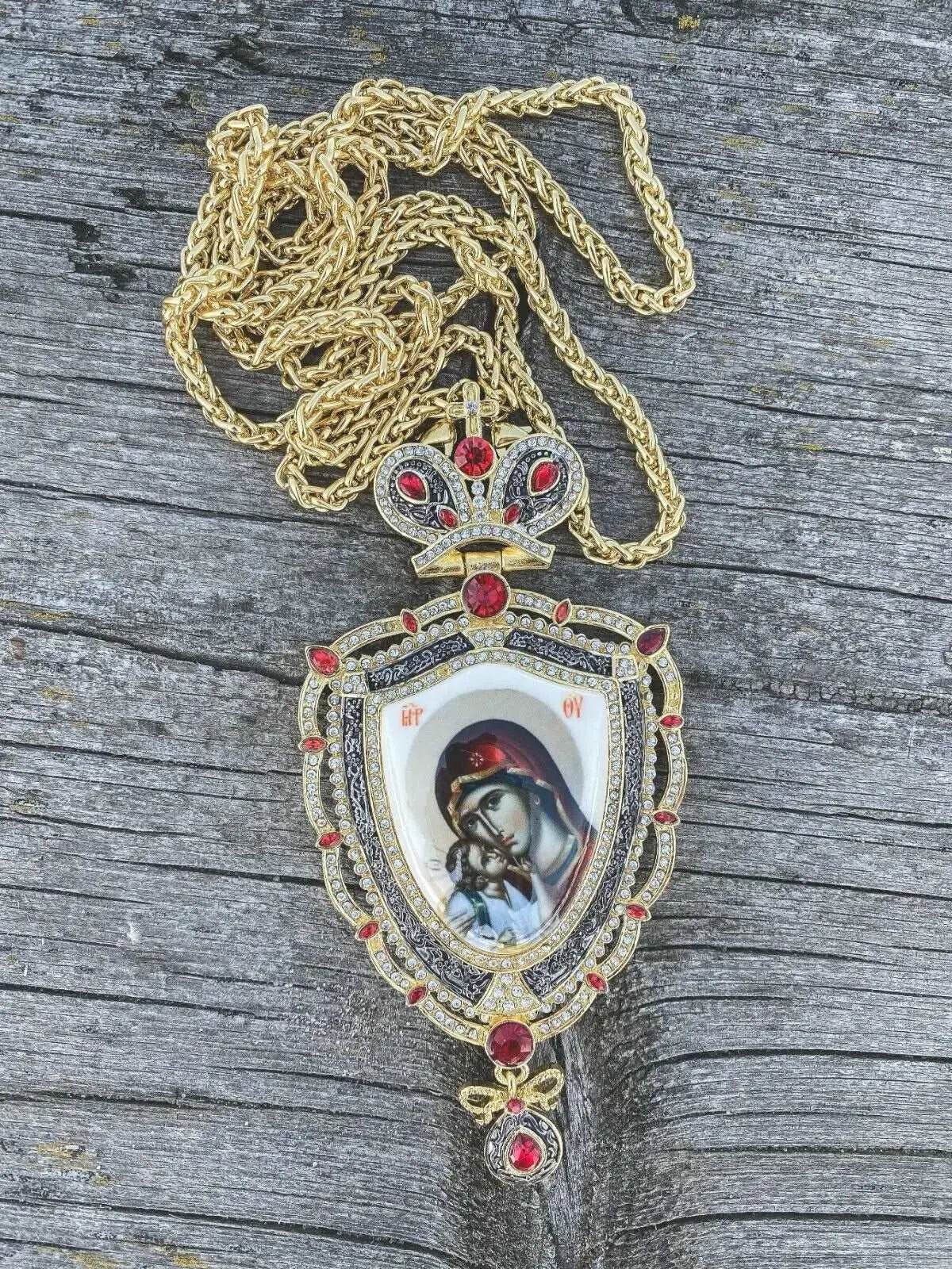 Red Crystals Pectoral Cross Pendant with Holy Mary & Baby Jesus - Nazareth Store