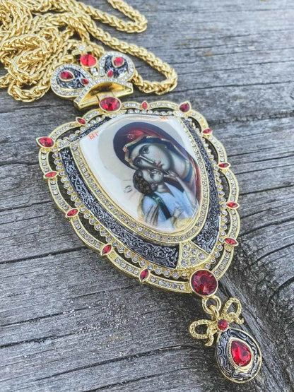 Red Crystals Pectoral Cross Pendant with Holy Mary & Baby Jesus - Nazareth Store