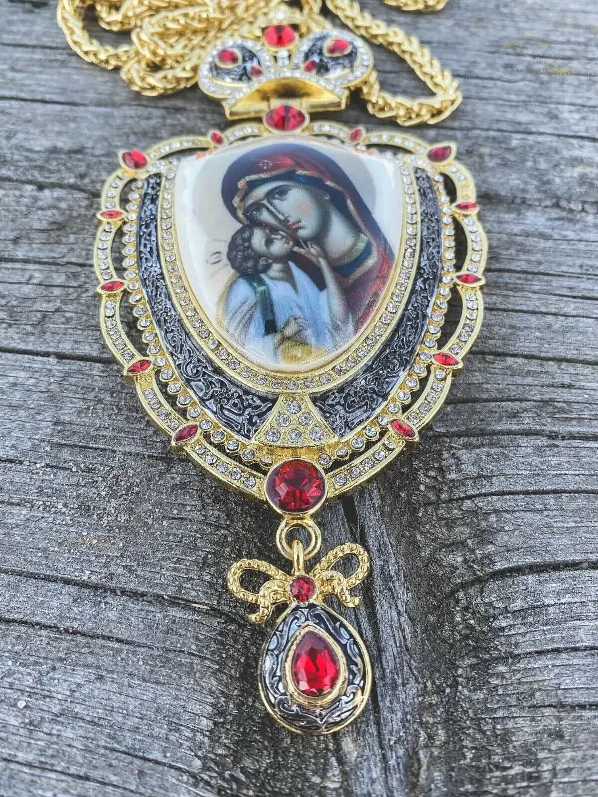 Holy Mary Pectoral Cross Red Crystals Priest Bishop Pendant Mary & Baby Jesus Nazareth Store