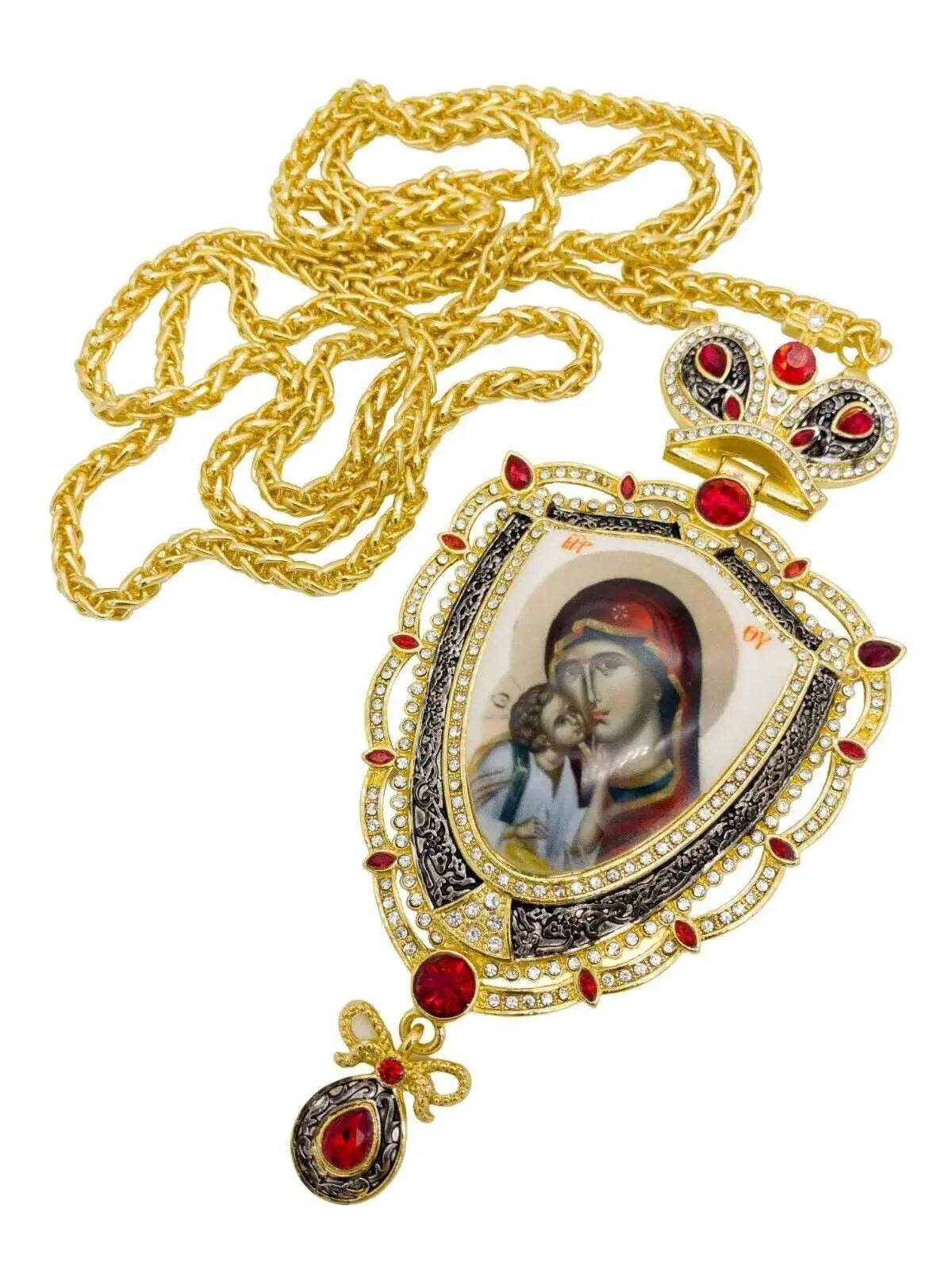 Red Crystals Pectoral Cross Pendant with Holy Mary & Baby Jesus - Nazareth Store