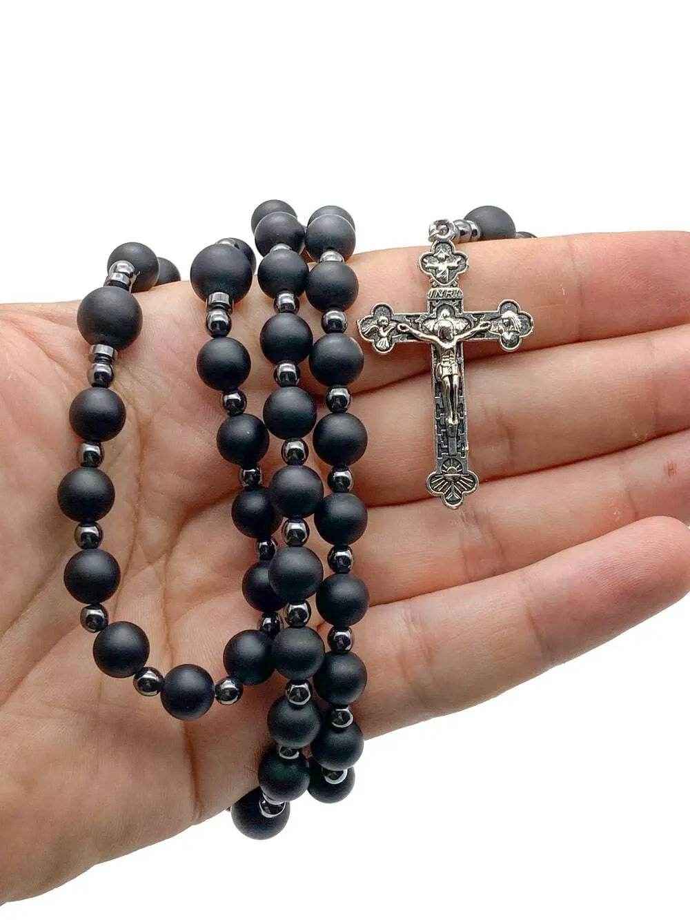 Black Agate Matte Rosary Necklace with Holy Soil Medal & Cross Crucifix Catholic Hematite Stones Prayer Beads - Nazareth Store