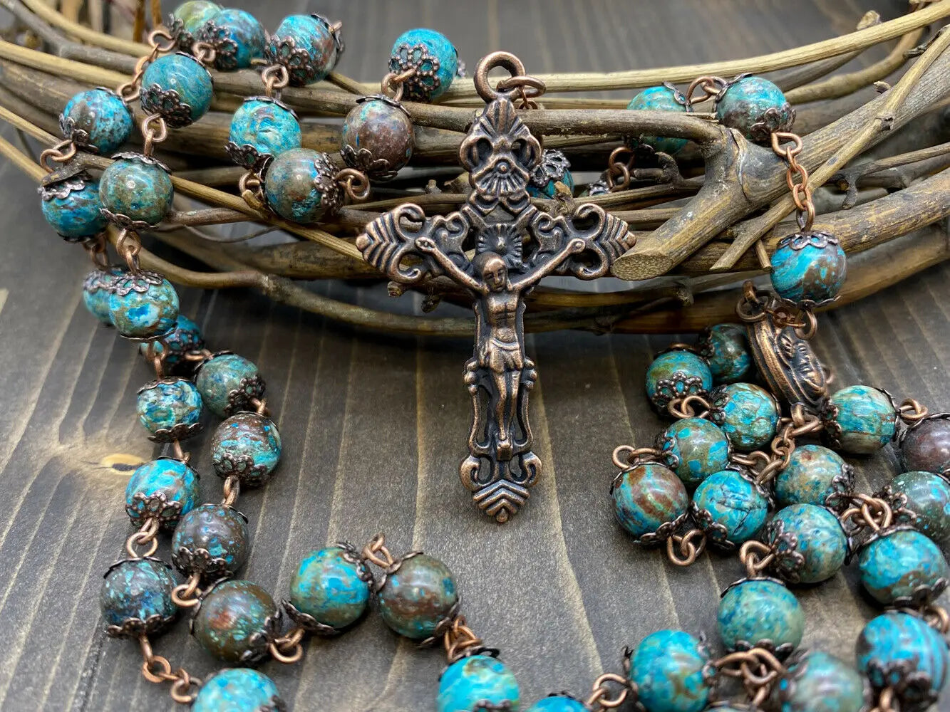 Nazareth store deep blue crystal beads rosary catholic on sale necklace holy soil medal cross crucifix velvet bag