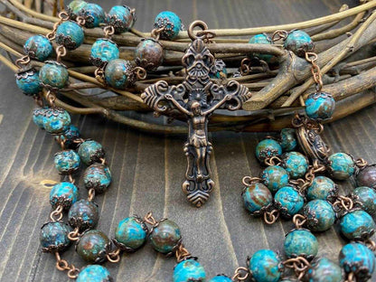 Natural Jasper Stone Beads Rosary Necklace Holy Soil Medal & Cross Crucifix
