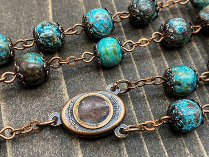 Natural Jasper Stone Beads Rosary Necklace Holy Soil Medal & Cross Crucifix