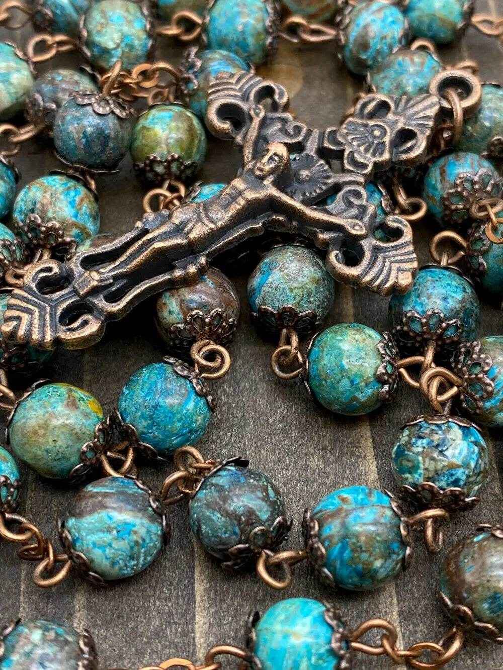 Natural Jasper Stone Beads Rosary Necklace Holy Soil Medal & Cross Crucifix