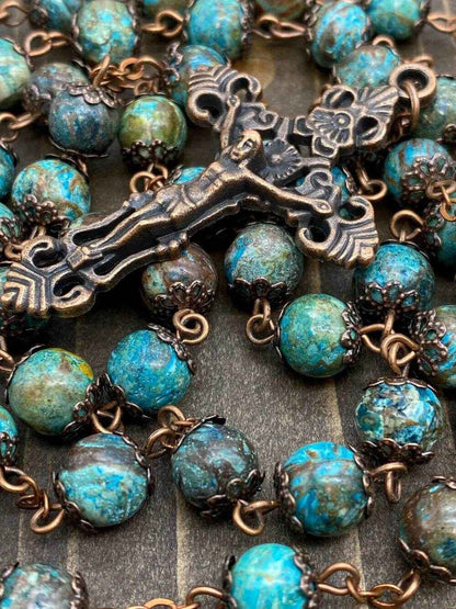 Natural Jasper Stone Beads Rosary Necklace Holy Soil Medal & Cross Crucifix