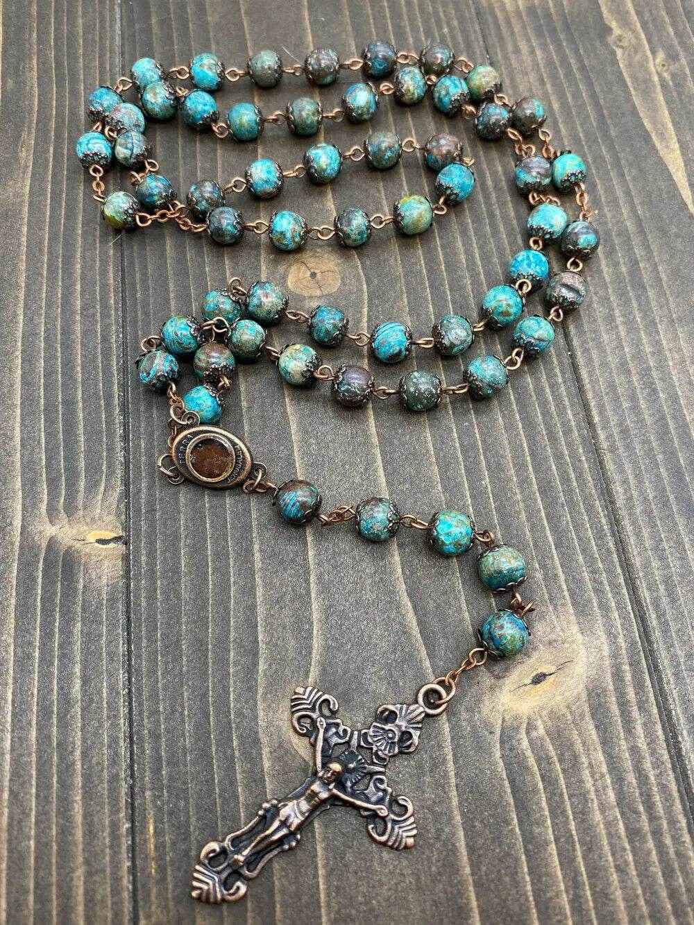 Natural Jasper Stone Beads Rosary Necklace Holy Soil Medal & Cross Crucifix