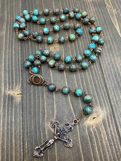 Natural Jasper Stone Beads Rosary Necklace Holy Soil Medal & Cross Crucifix