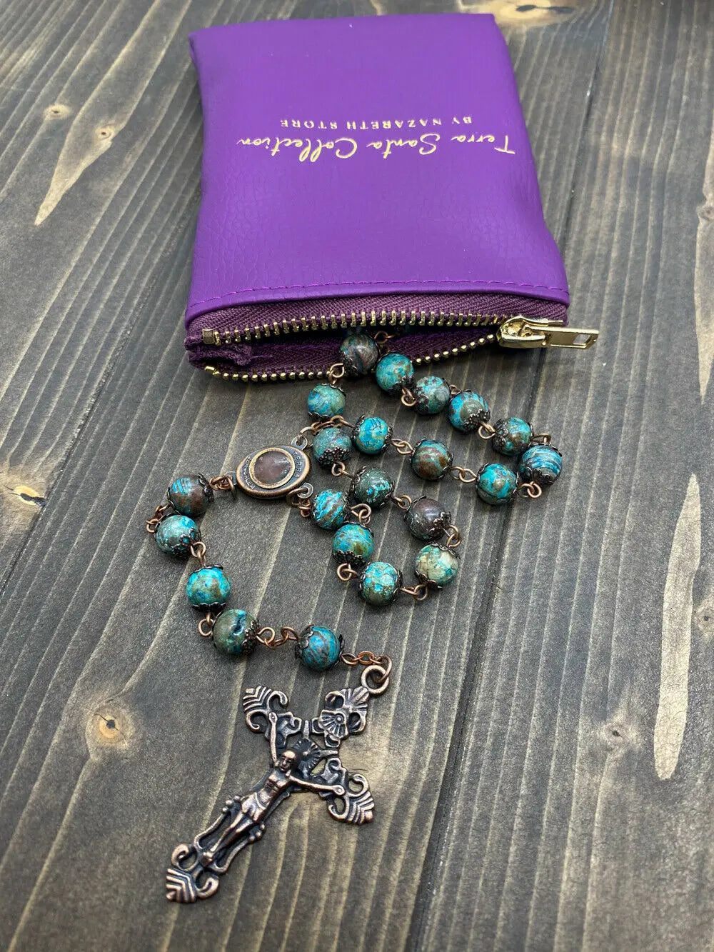 Jasper Rosary Beads Natural Stone Chaplet Necklace Holy Soil Medal & Cross 22" Nazareth Store