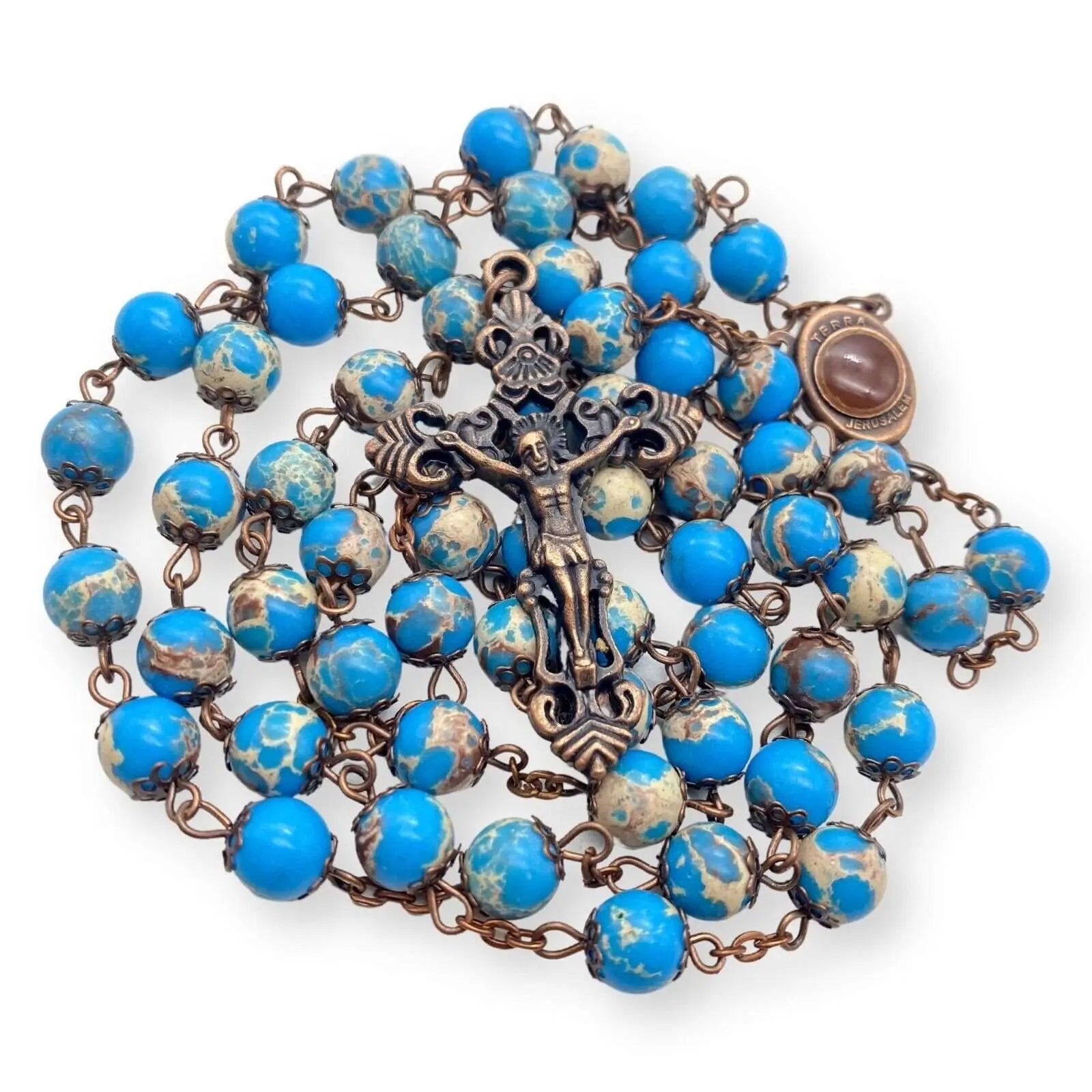 Jasper Turquoise Rosary Stone Beads Necklace Holy Soil Medal & Cross Nazareth Store