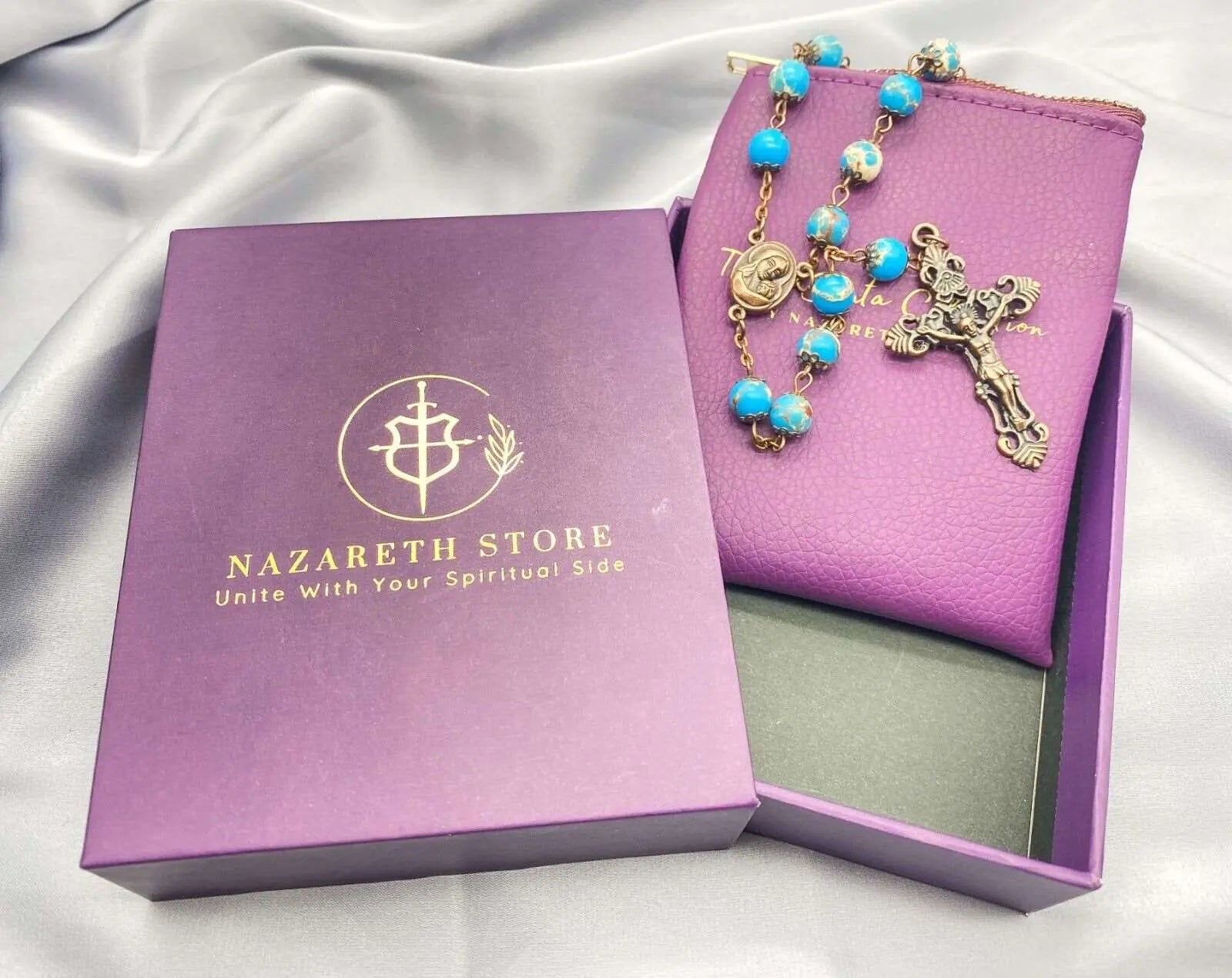 Jasper Turquoise Rosary Stone Beads Necklace Holy Soil Medal & Cross Nazareth Store