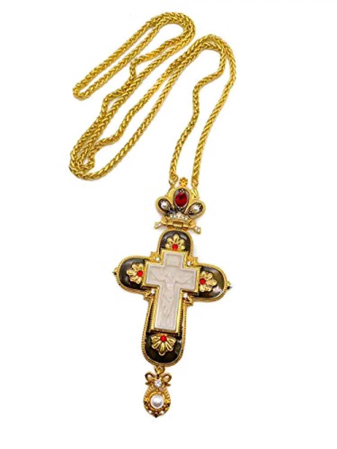 Pectoral Cross Necklace Black Enamel Crystallized Red Stones Christian Priest Bishop - Nazareth Store