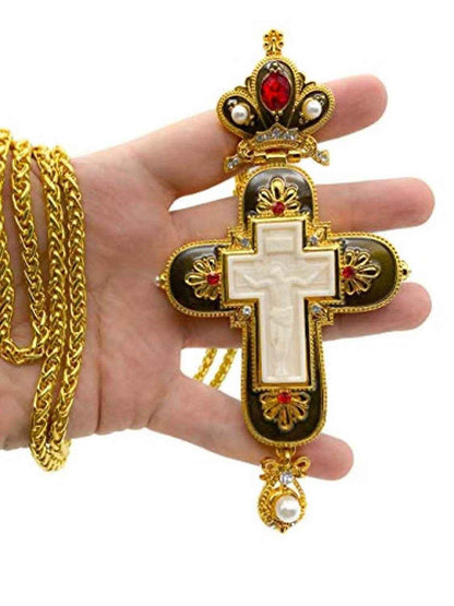 Pectoral Cross Necklace Black Enamel Crystallized Red Stones Christian Priest Bishop - Nazareth Store