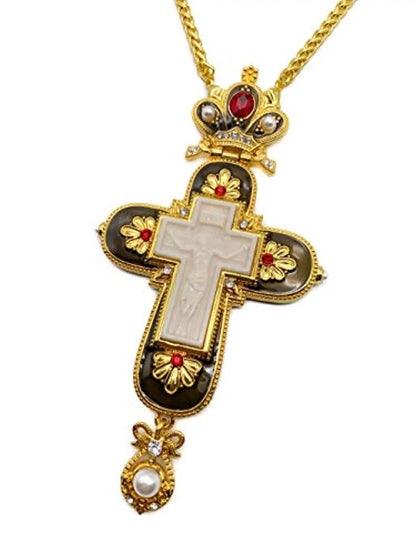 Pectoral Cross Necklace Black Enamel Crystallized Red Stones Christian Priest Bishop - Nazareth Store