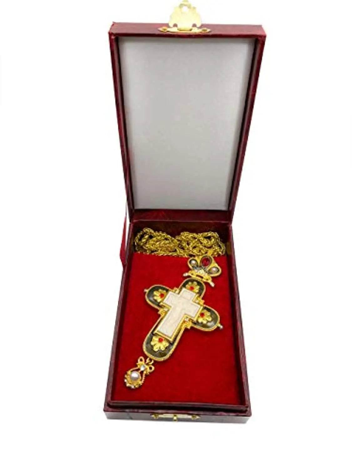 Pectoral Cross Necklace Black Enamel Crystallized Red Stones Christian Priest Bishop - Nazareth Store