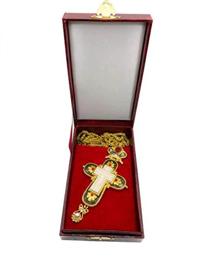 Pectoral Cross Necklace Black Enamel Crystallized Red Stones Christian Priest Bishop - Nazareth Store