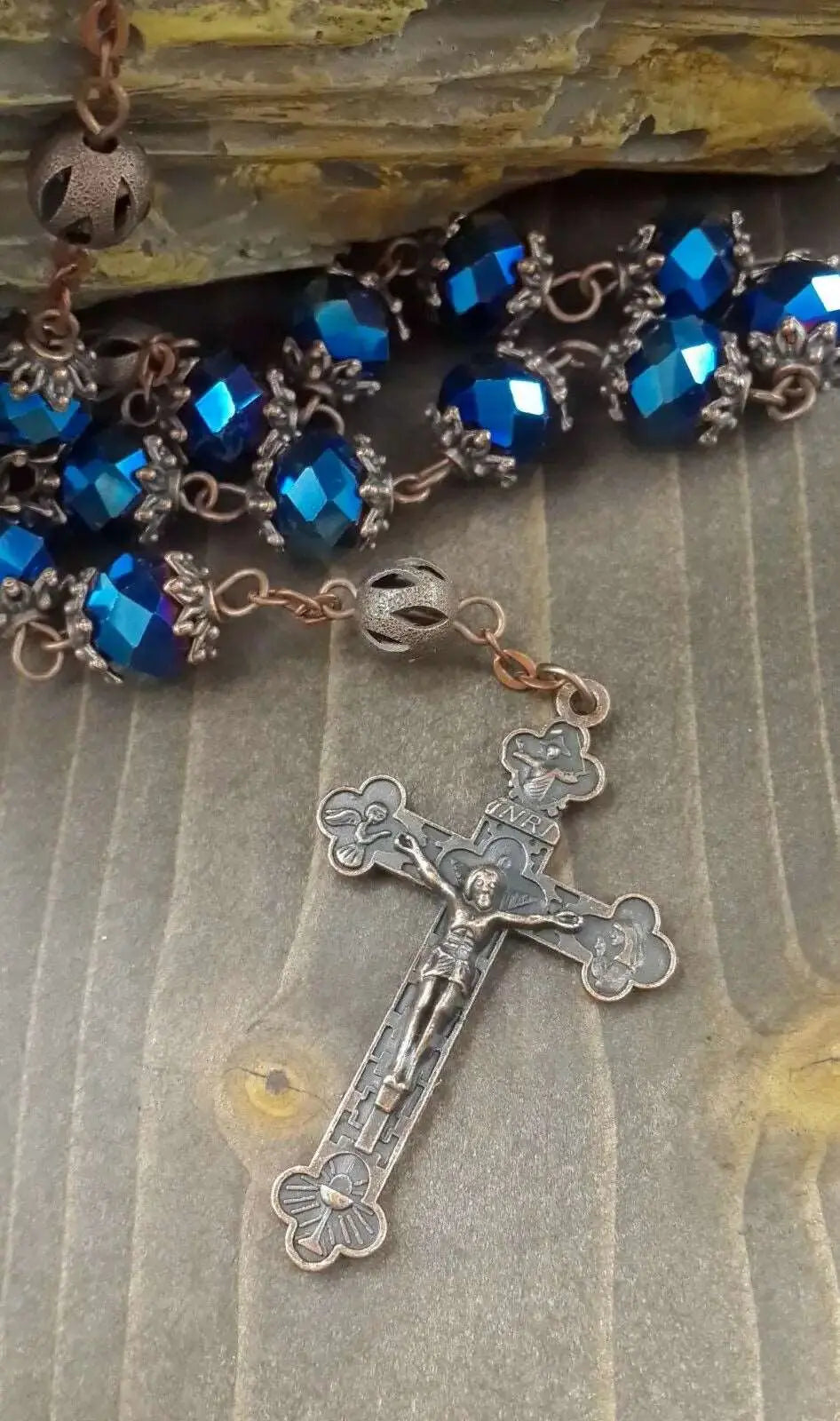 Large Deep Blue Crystal Beads Rosary Necklace Holy Soil Medal & Cross Crucifix Nazareth Store