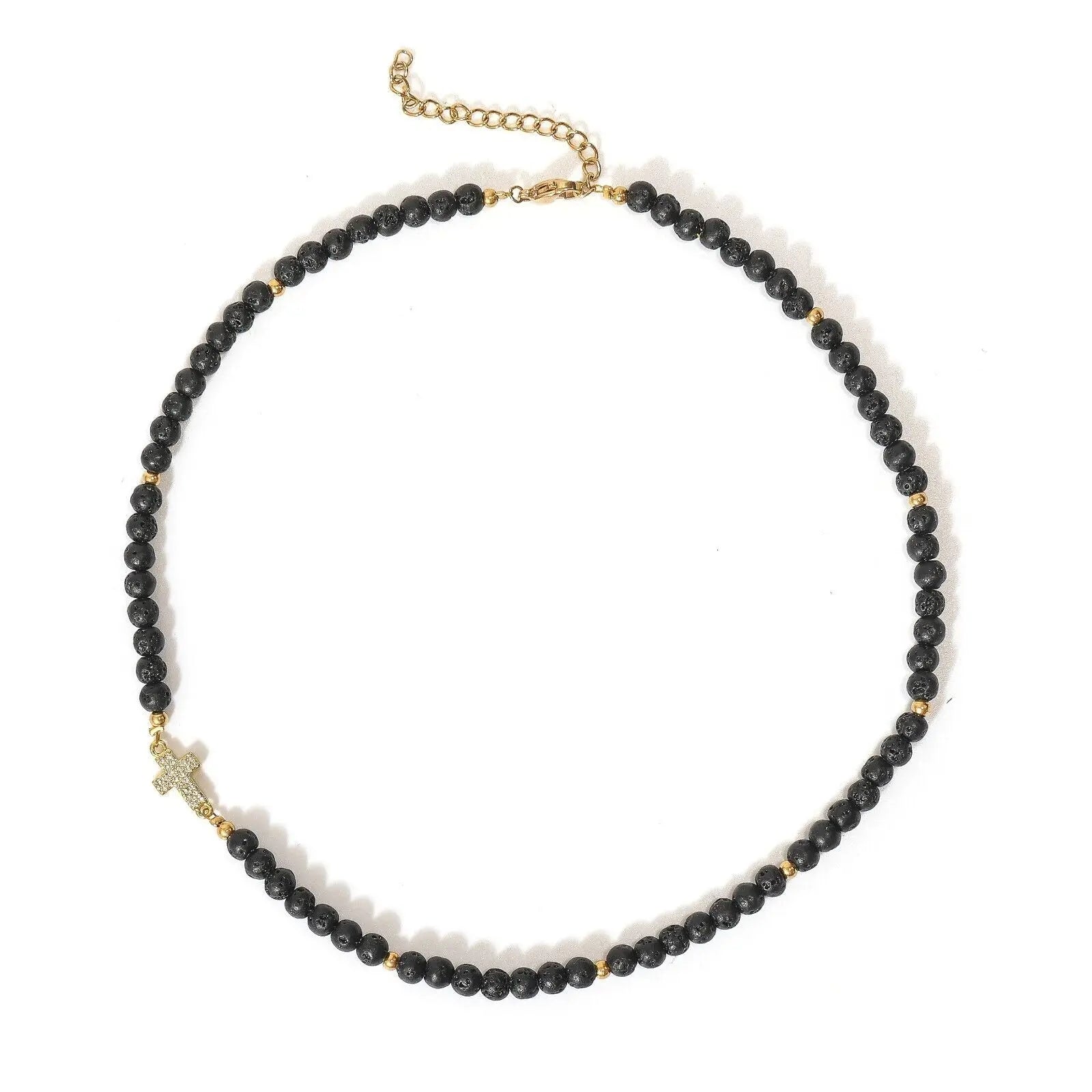 Lava Rock Beads Gemstones Unisex Necklace Choker with Cross Faith Necklace 15"