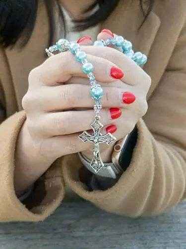 Turquoise Pearl Beads Rosary Necklace with Miraculous Medal  & Cross Crucifix - Nazareth Store
