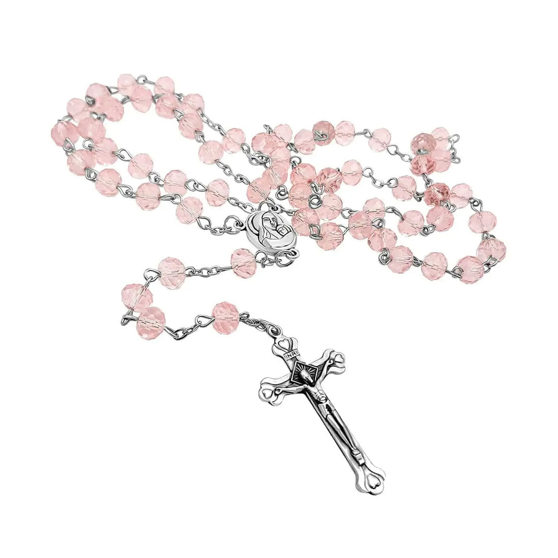 Light Pink Crystal Beads Rosary Catholic Necklace Holy Soil Medal 
