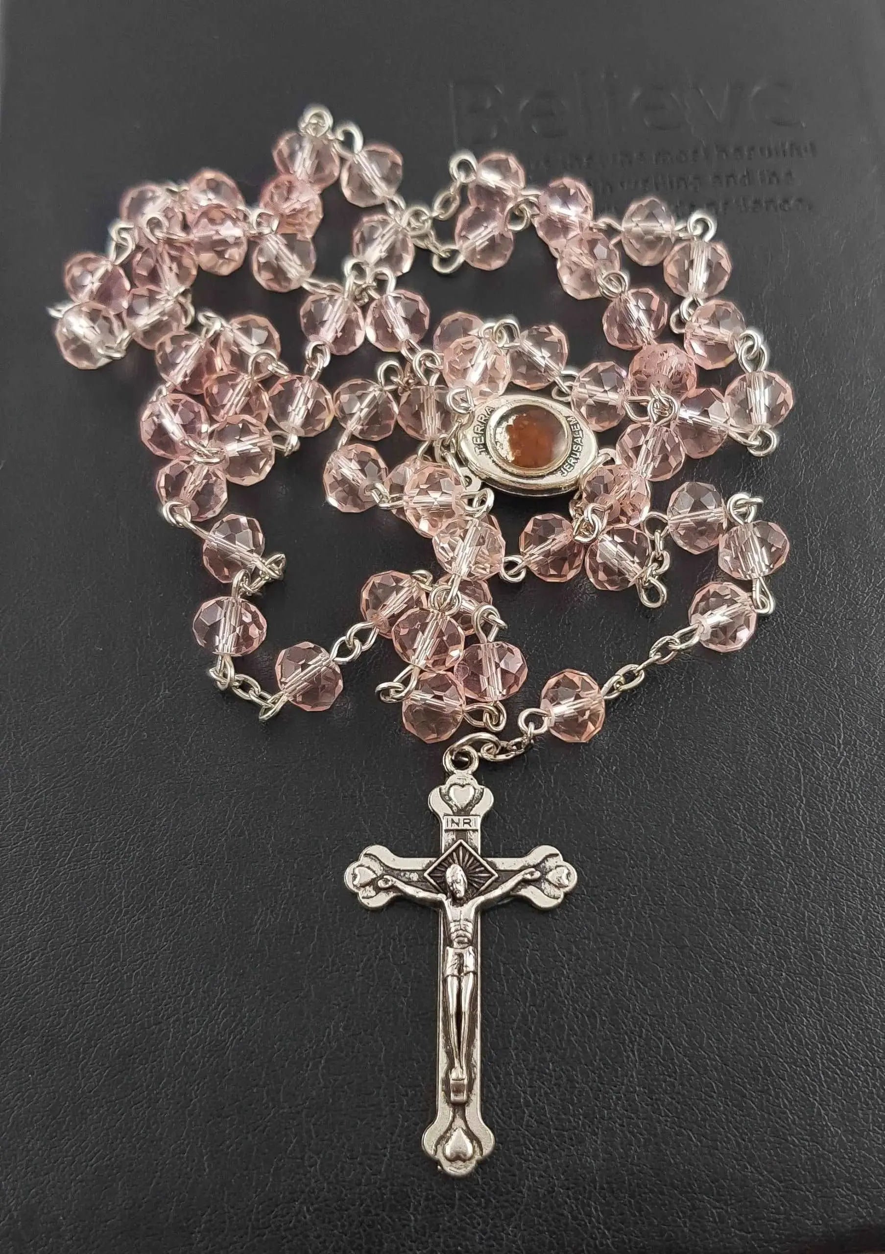 Light Pink Crystal Beads Rosary Catholic Necklace Holy Soil Medal 