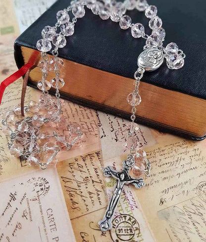 Pink Rosary Necklace Crystal Beads with Holy Soil Medal & Silver Jesus Cross Crucifix - Nazareth Store