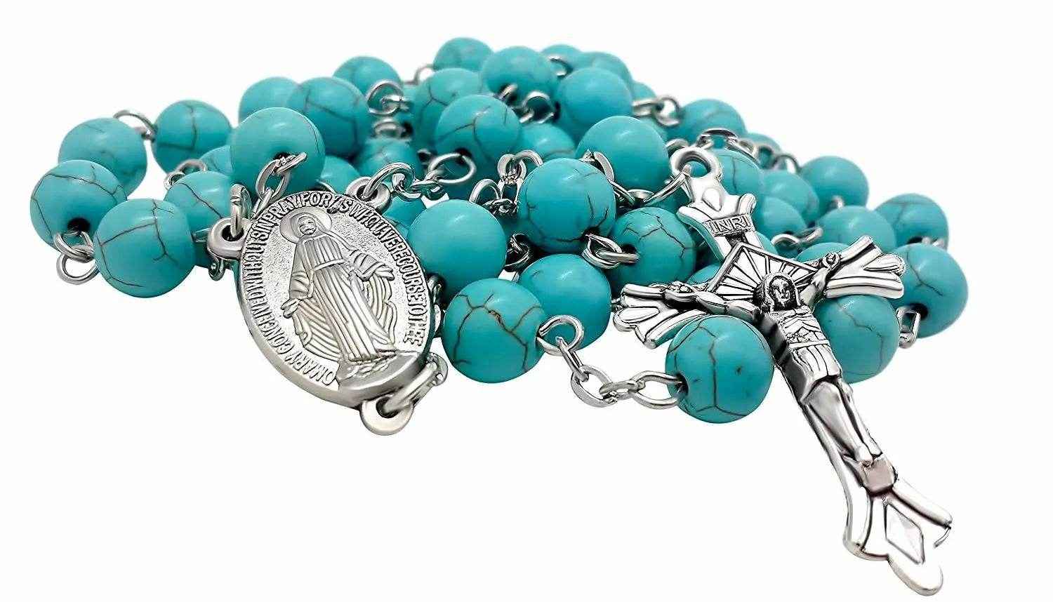 Turquoise Beads Rosary Catholic Necklace Miraculous Medal & Cross
