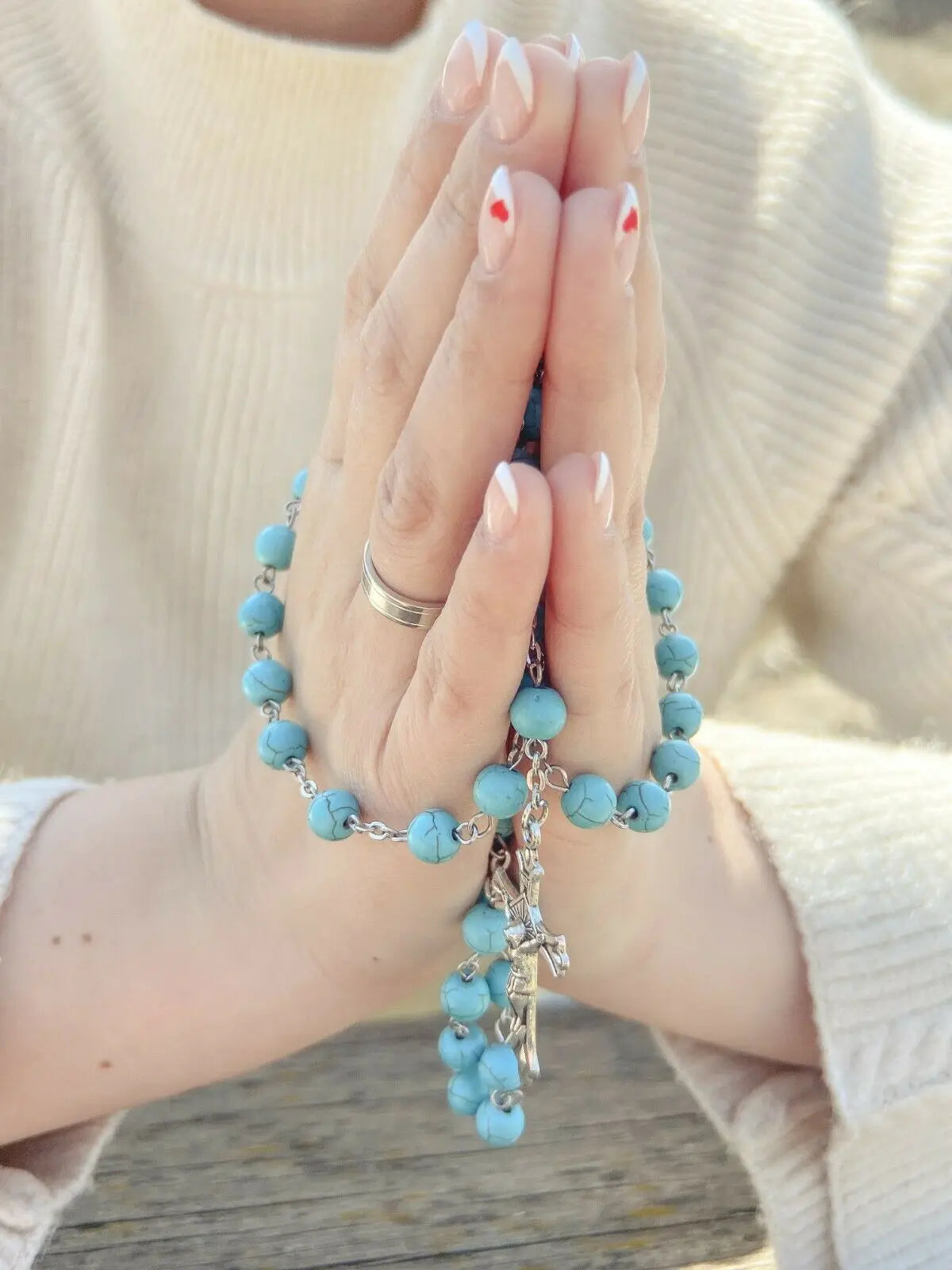Marble Turquoise Beads Rosary Catholic Necklace Miraculous Medal & Cross