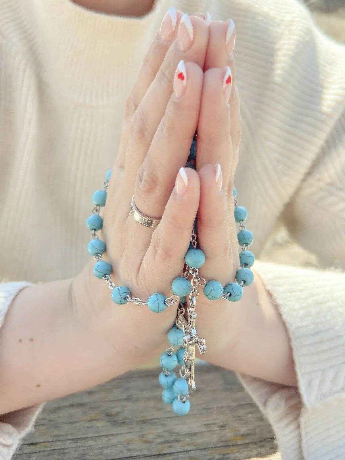 Turquoise Beads Rosary Catholic Necklace Miraculous Medal & Cross