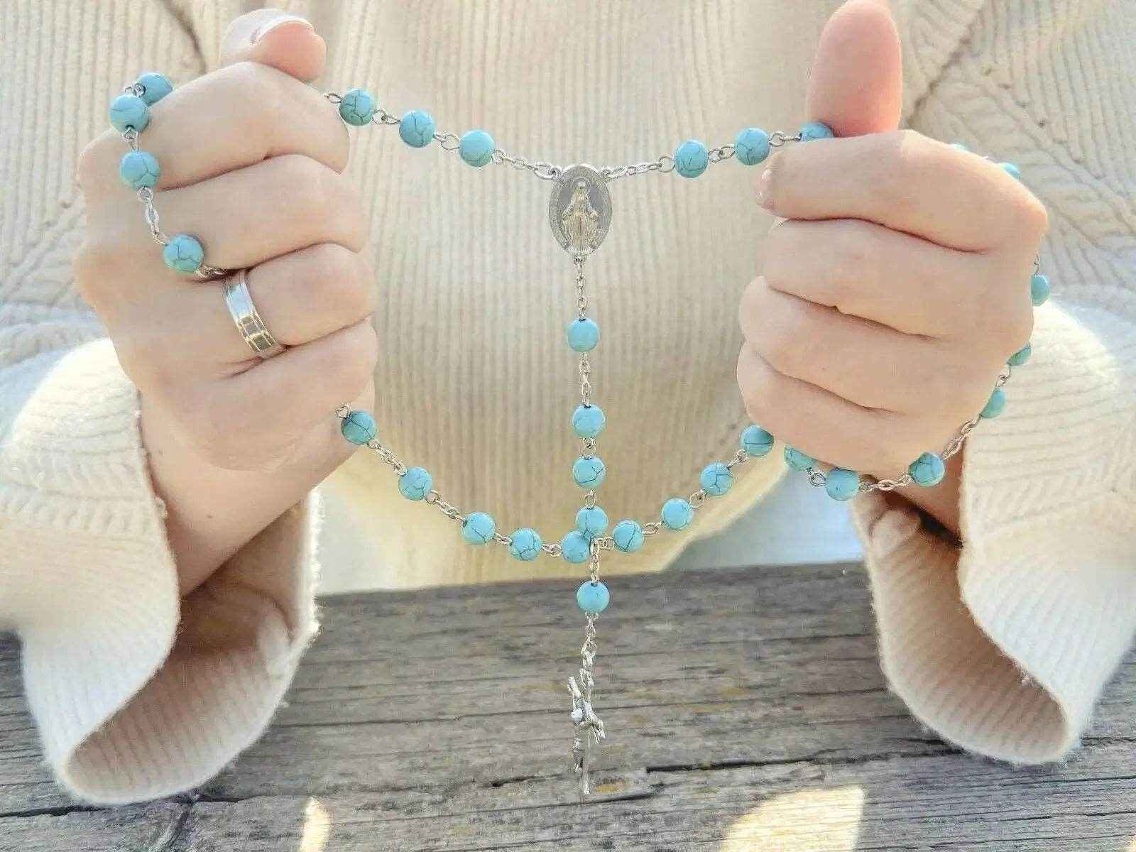 Turquoise Beads Rosary Catholic Necklace Miraculous Medal & Cross