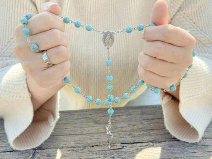 Turquoise Beads Rosary Catholic Necklace Miraculous Medal & Cross