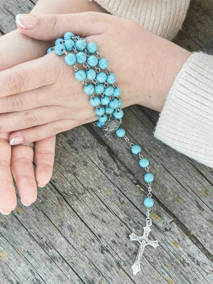 Turquoise Beads Rosary Catholic Necklace Miraculous Medal & Cross