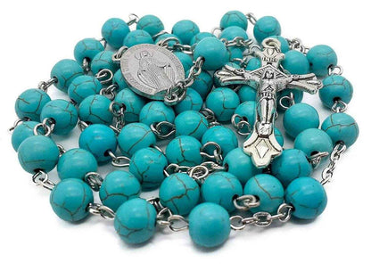 Turquoise Beads Rosary Catholic Necklace Miraculous Medal & Cross