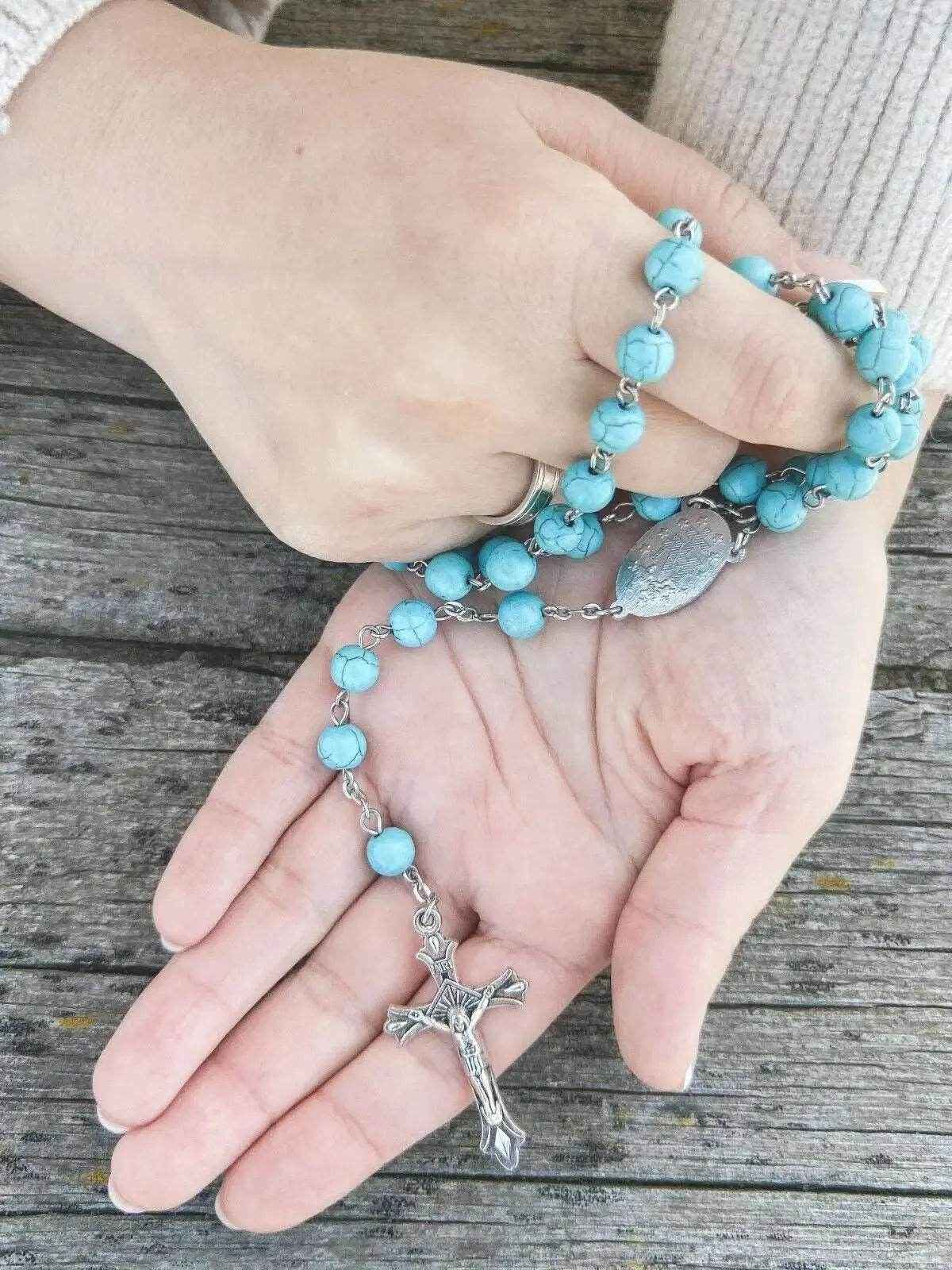 Turquoise Beads Rosary Catholic Necklace Miraculous Medal & Cross