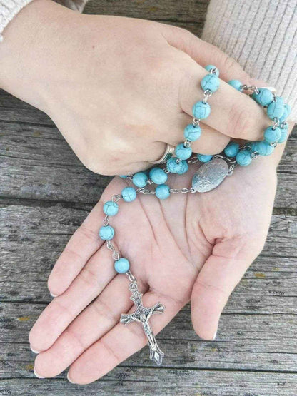 Turquoise Beads Rosary Catholic Necklace Miraculous Medal & Cross