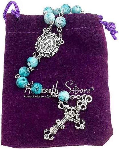 Blue Marble Crystal Rosary Necklace Catholic with Miraculous Medal & Jesus Cross Crucifix - Nazareth Store