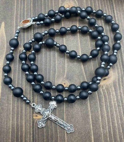 Black Agate Matte Rosary Necklace with Holy Soil Medal & Cross Crucifix Catholic Hematite Stones Prayer Beads - Nazareth Store