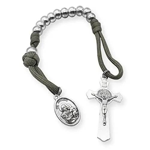 Silver Beads Paracord Pocket Car Rosary St. Joseph Medal & St. Benedict Cross - Nazareth Store